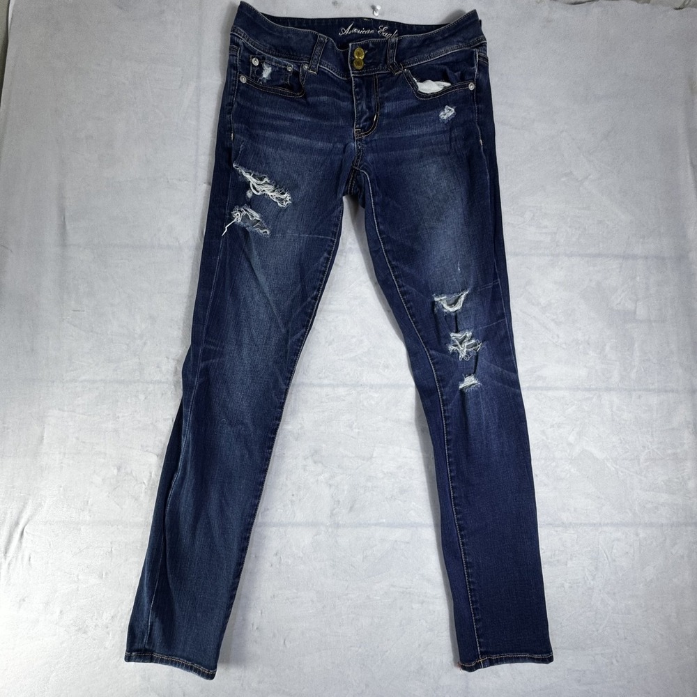 American‎ Eagle Womens Skinny Jeans Dark Blue Washed Distressed Regular Fit 6